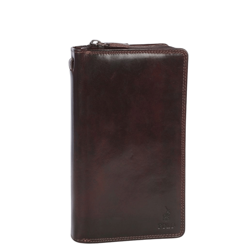 Polo Kenya Leather Double Zip Travel Wallet PO45023 Brown Front transparent