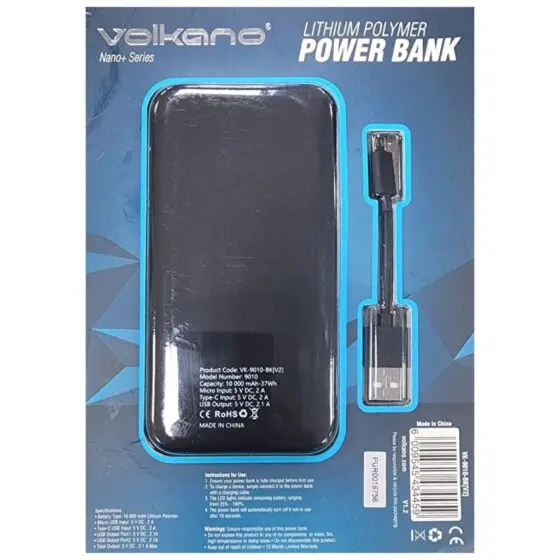 Volkano Nano 9005 10000mah Powerbank Black Package Rear