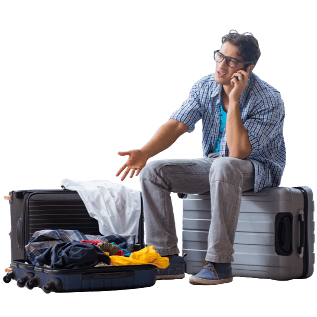 upset traveller from broken luggage