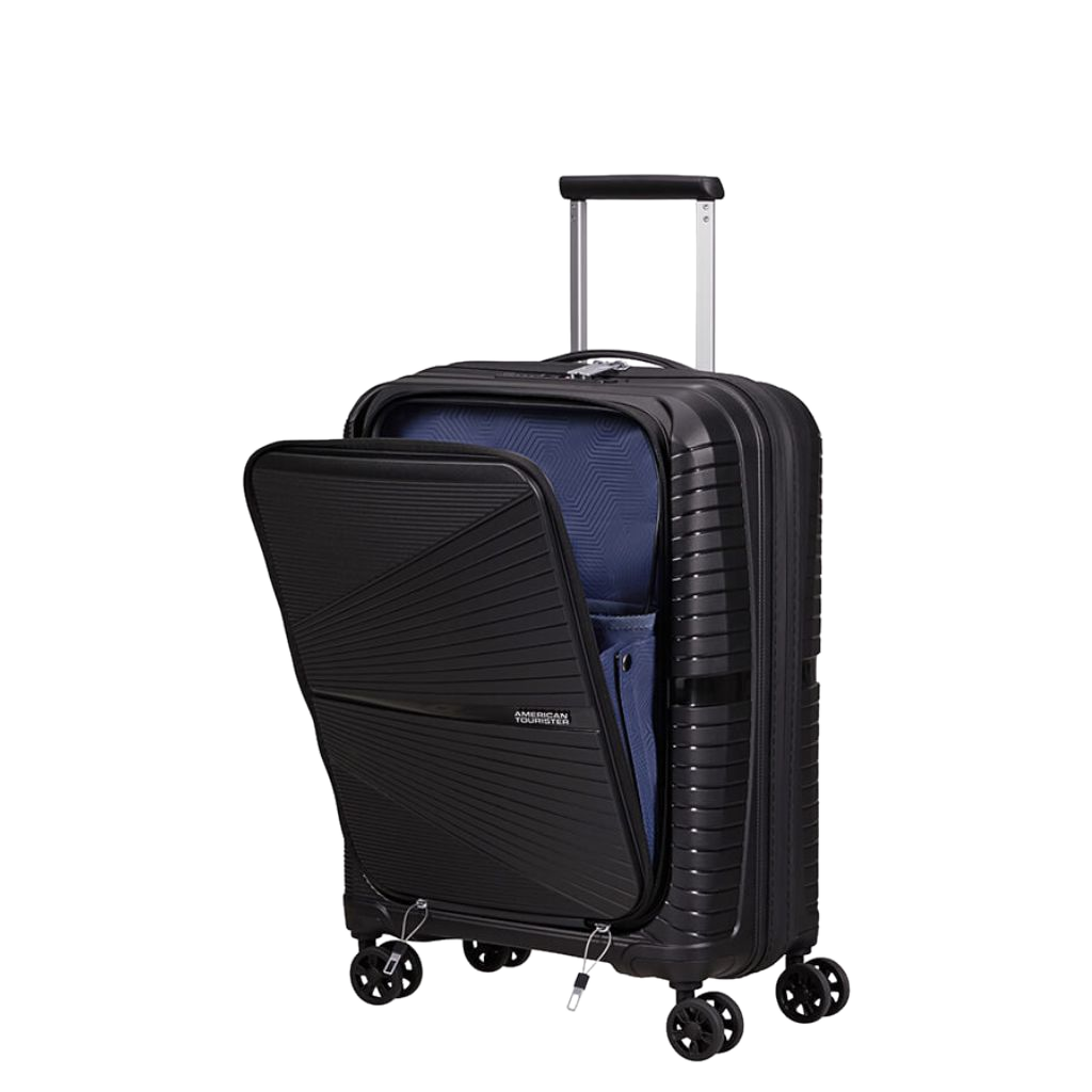 American Tourister Airconic frontloader 55cm carry on 88G Spinner black front3qrtr laptop sleeve open primary