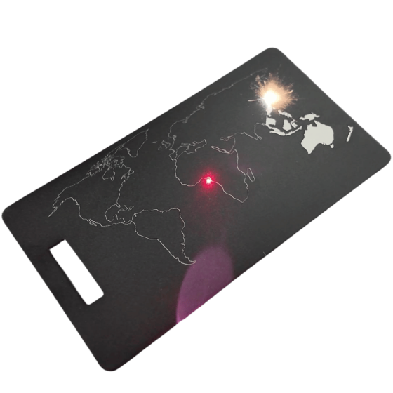 Personalised Luggage tag laser etched black front production