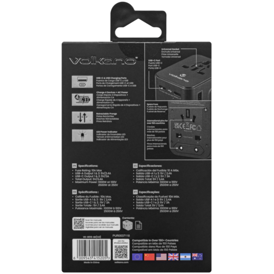 Volkano VK 8016 BK[V2] 2 USB Multi plug adaptor black package rear