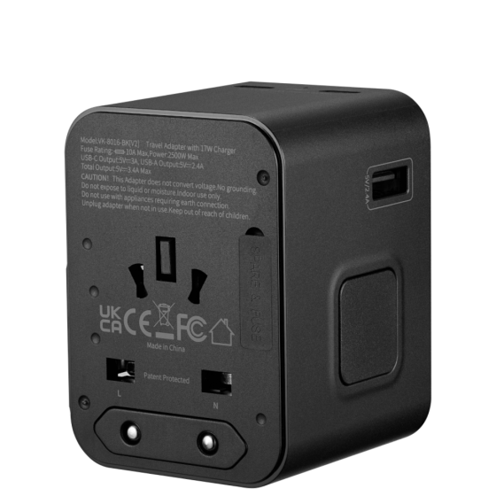 Volkano VK 8016 BK[V2] 2 USB Multi plug adaptor black rear