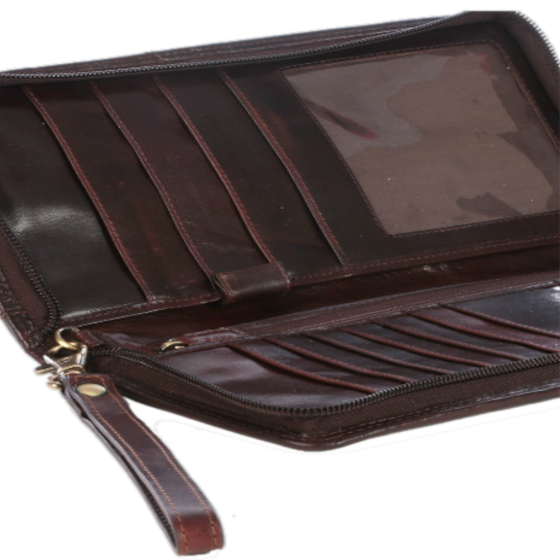 Polo Kenya Leather PO45040 Single Zip Travel Wallet Brown interior w strap