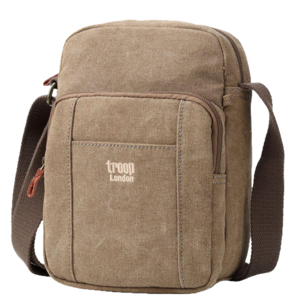 Troop of London TRP0370 Vertical Canvas Crossbody brown front3qrtr