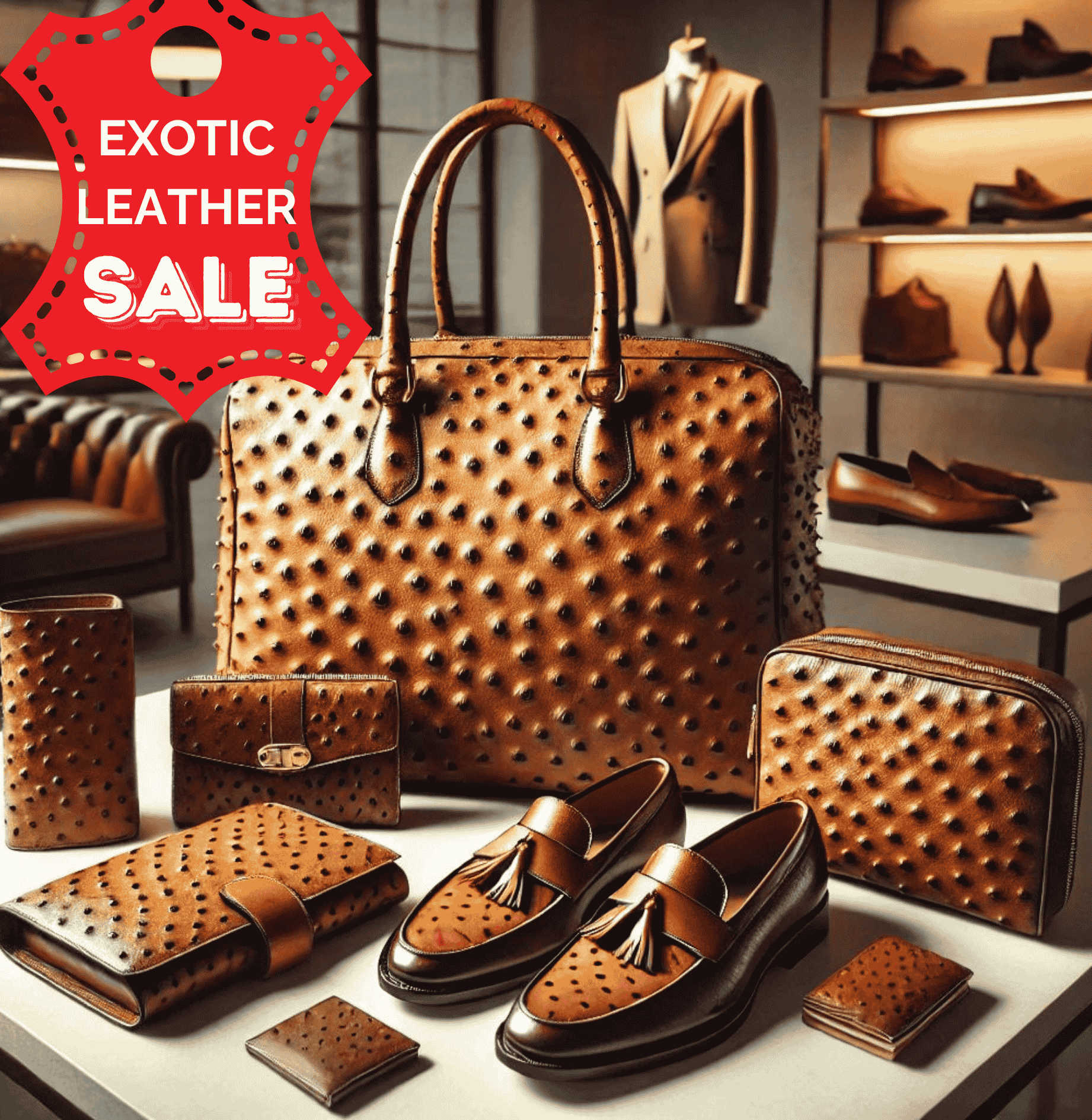 exotic leather products like ostrich and crocodile on display for sale