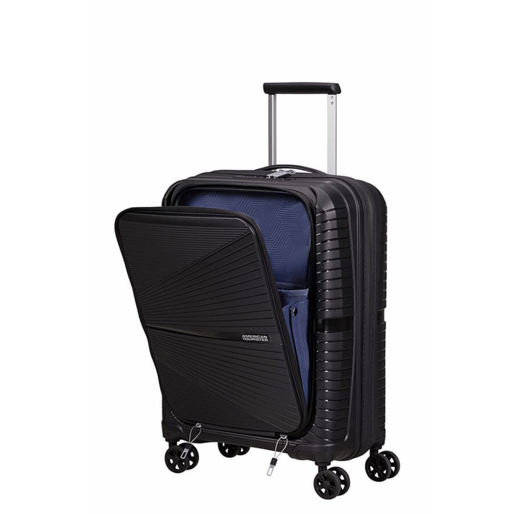 American Tourister Airconic Frontloader 55cm Carry On 88g Spinner Black Front3qrtr Laptop Sleeve Open