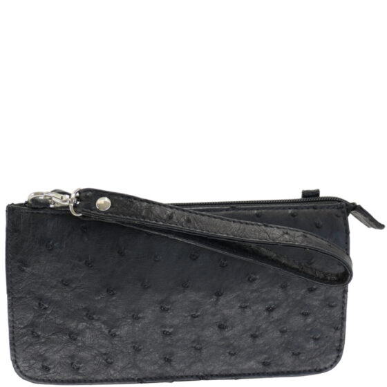 Cavalli Ladies Purse LDB1554 3 Pocket Sling Ostrich EBLK front wrist strap jpg