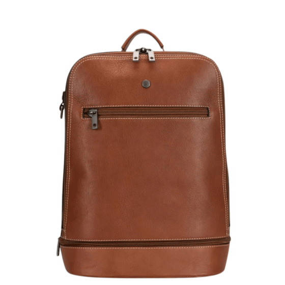 Jekyll and Hide Montana Leather dbl compartment backpack colt brown front png