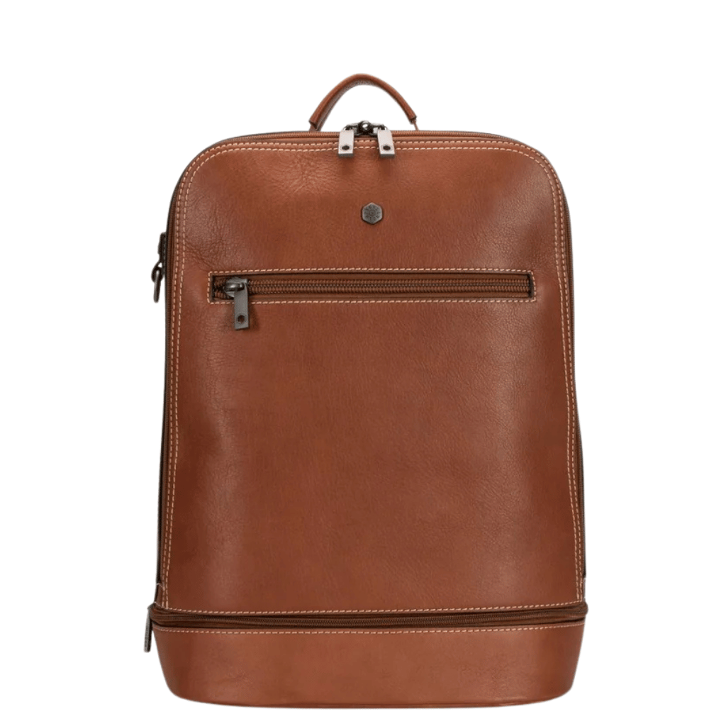 Jekyll and Hide Montana Leather dbl compartment backpack colt brown front png