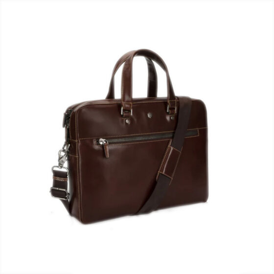 Jekyll and Hide Oxford leather Brown slimline laptop briefcase front 3qrtr jpg