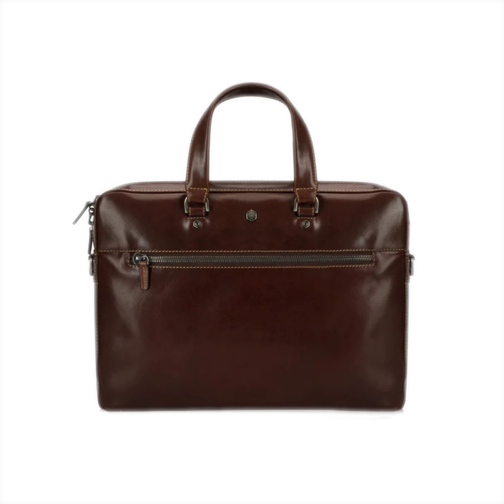 Jekyll and Hide Oxford leather Brown slimline laptop briefcase front primary jpg