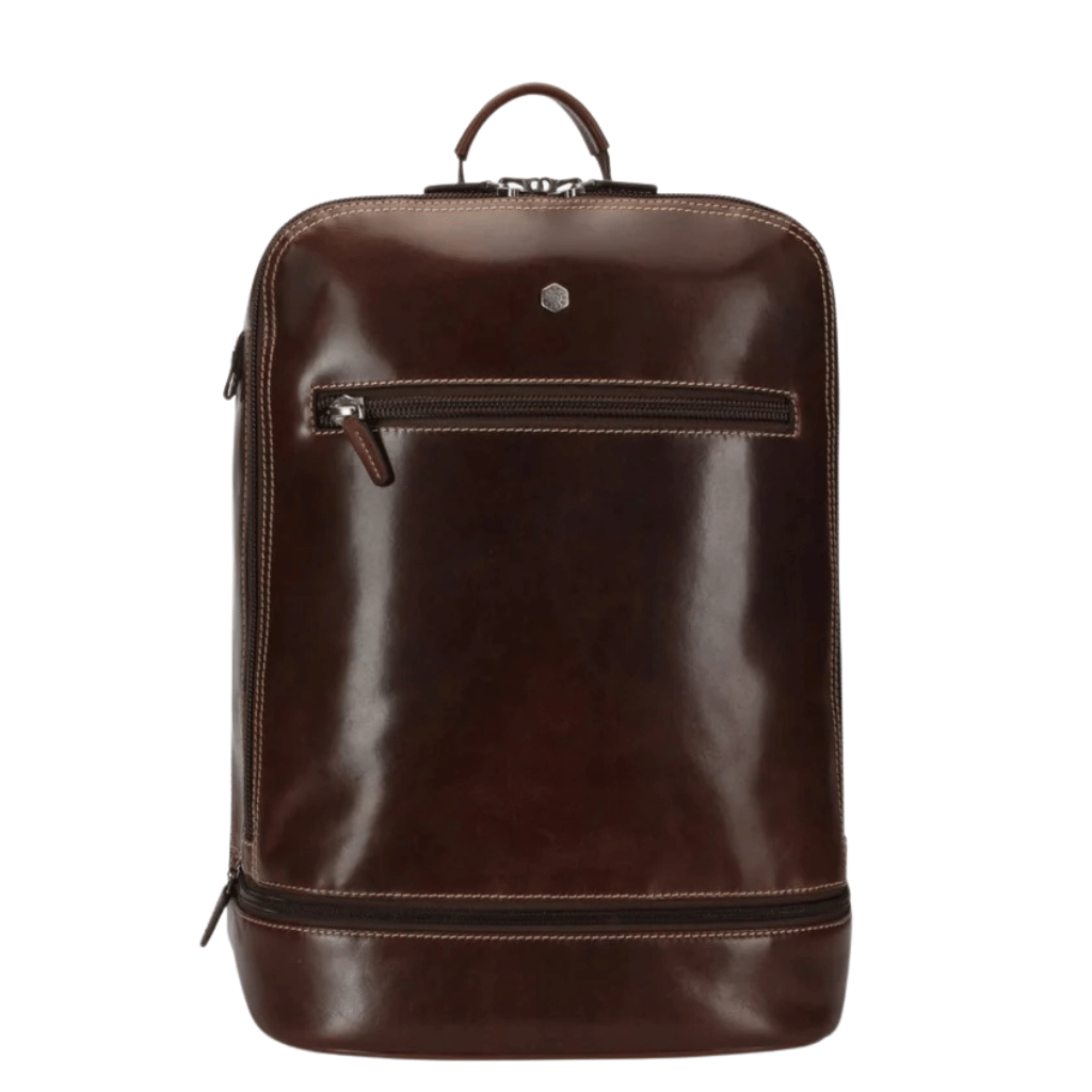 Jekyll and Hide Oxford mocha leather dbl compartment laptop backpack brown front png