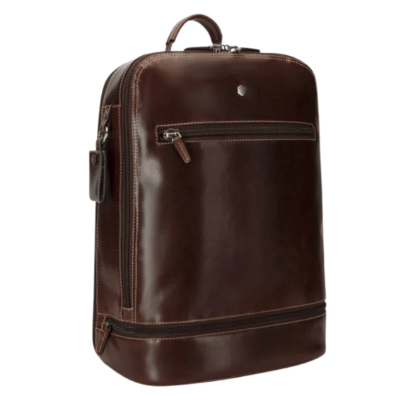 Jekyll and Hide Oxford mocha leather dbl compartment laptop backpack brown front3qrtr png