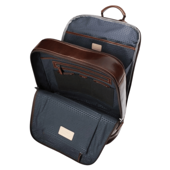 Jekyll and Hide Oxford mocha leather dbl compartment laptop backpack brown interior1 png