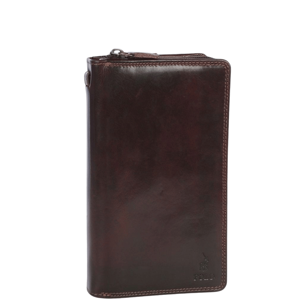 Polo Kenya Leather Double Zip Travel Wallet PO45023 Brown Front transparent