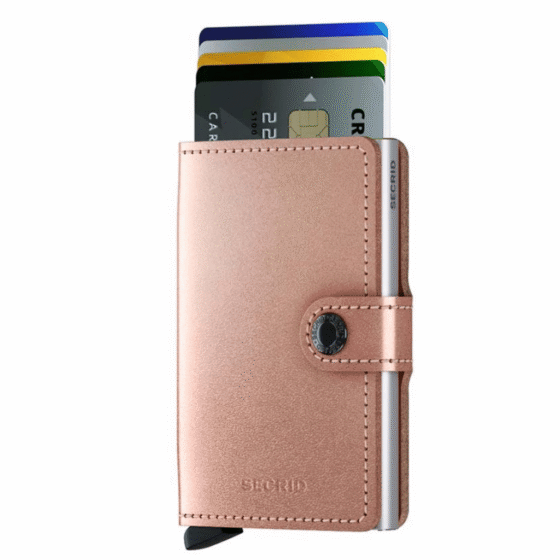Secrid Miniwallet metallic Rose pink front3qrtr with cards png