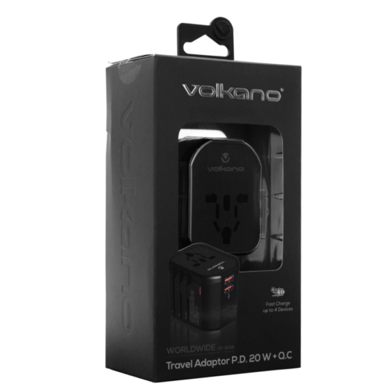 Volkano International plug adaptor 3 USB 8018 black packaging png