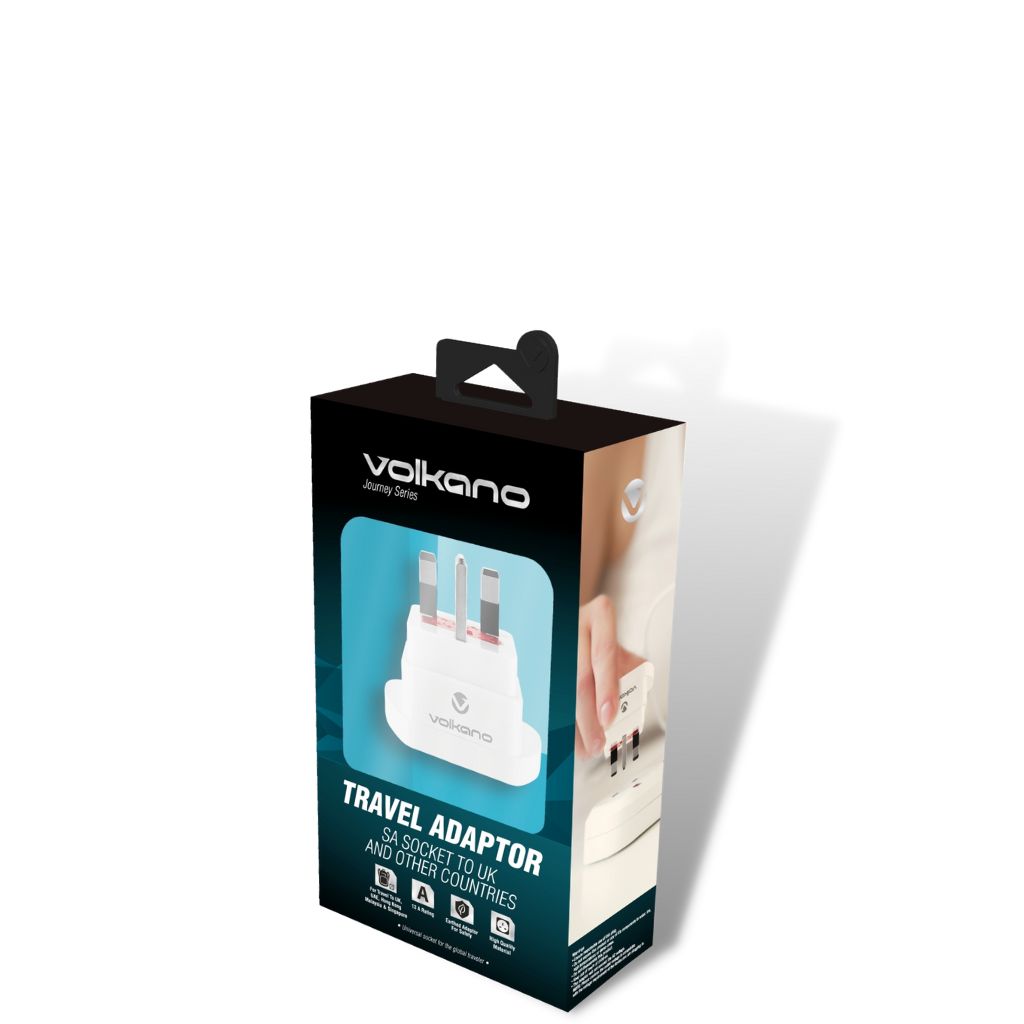 Volkano Sa To Uk Plug Travel Adaptor White 8011 Front3qrtr Package Primary