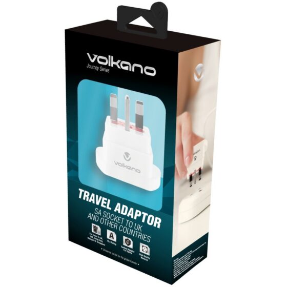 Volkano Sa To Uk Plug Travel Adaptor White 8011 Front3qrtr Packaging