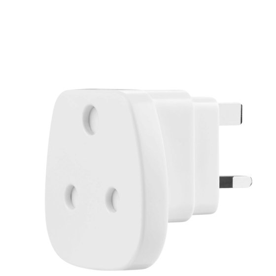 Volkano Sa to UK plug travel adaptor White 8011 front3qrtr transparent