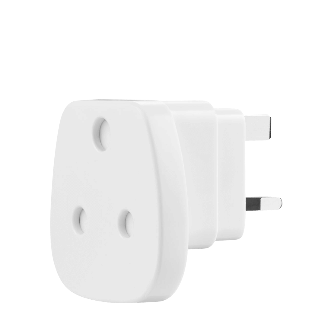 Volkano Sa to UK plug travel adaptor White 8011 front3qrtr transparent