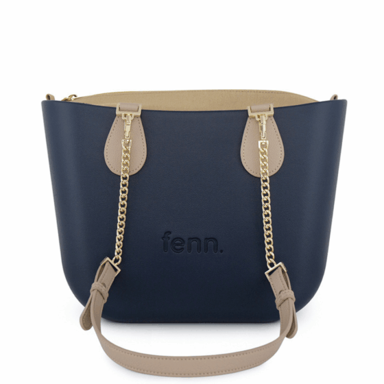 Fenn P378 Navy petite gold chain stone handle beige inner front png