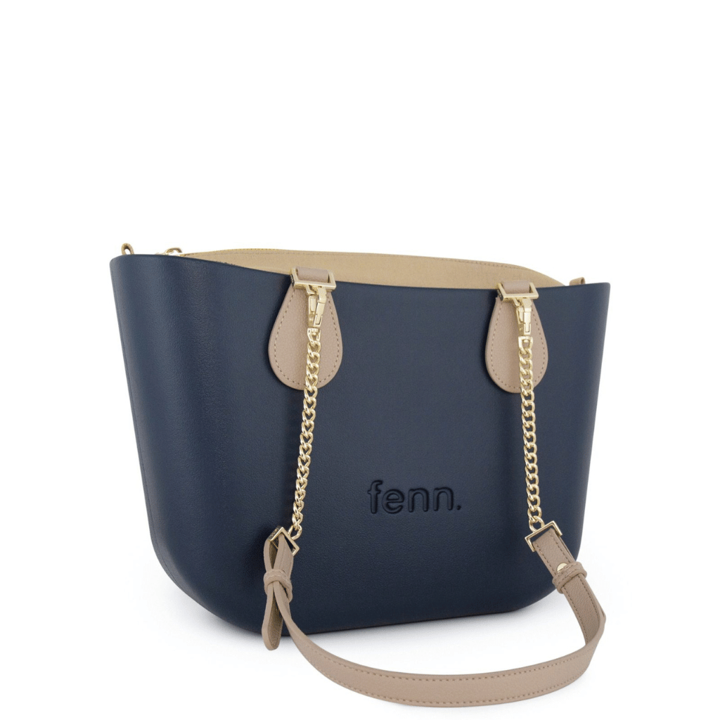 Fenn P378 Navy petite gold chain stone handle beige inner front3qrtr png