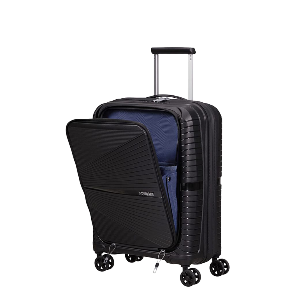American Tourister Airconic frontloader 55cm carry on 88G Spinner black front3qrtr laptop sleeve open primary