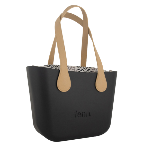Fenn Petite 9454 Black Tan Flat handle printed inner front3qrtr