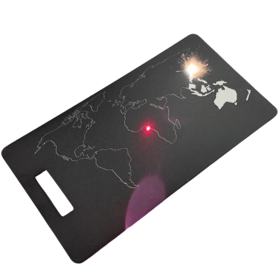 Personalised Luggage tag laser etched black front production