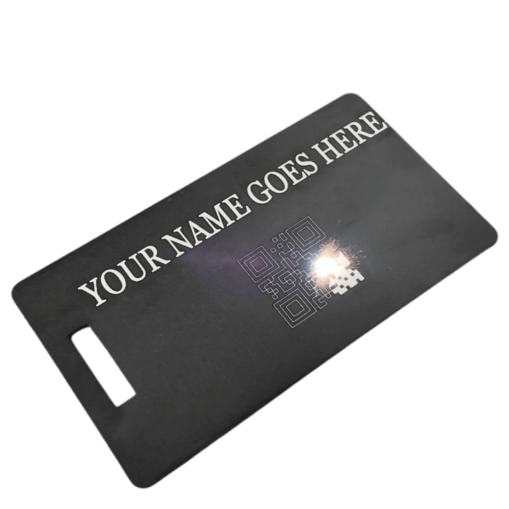 Personalised Luggage tag laser etched black production