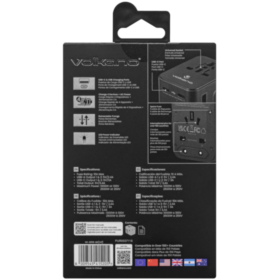 Volkano VK 8016 BK[V2] 2 USB Multi plug adaptor black package rear
