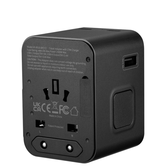 Volkano VK 8016 BK[V2] 2 USB Multi plug adaptor black rear