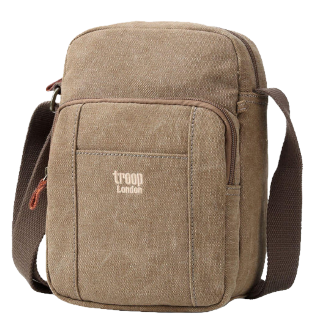 Troop of London TRP0370 Vertical Canvas Crossbody brown front3qrtr