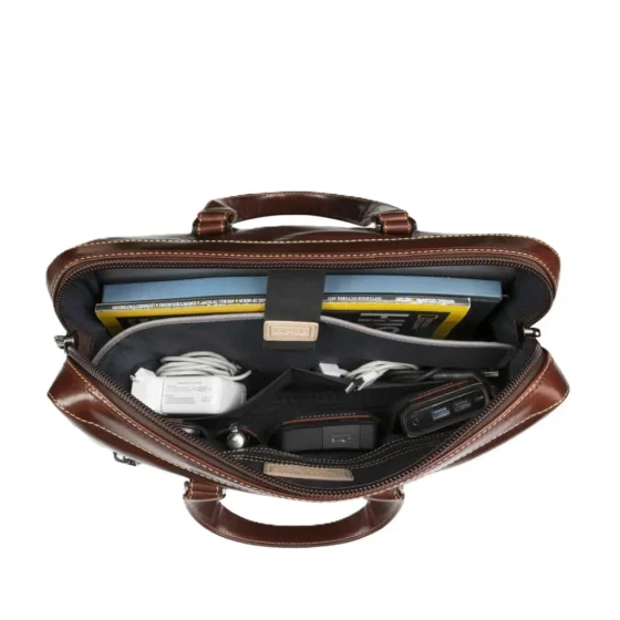 Jekyll and Hide Oxford leather Brown slimline laptop briefcase interior packed jpg
