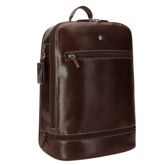 Jekyll and Hide Oxford mocha leather dbl compartment laptop backpack brown front3qrtr png